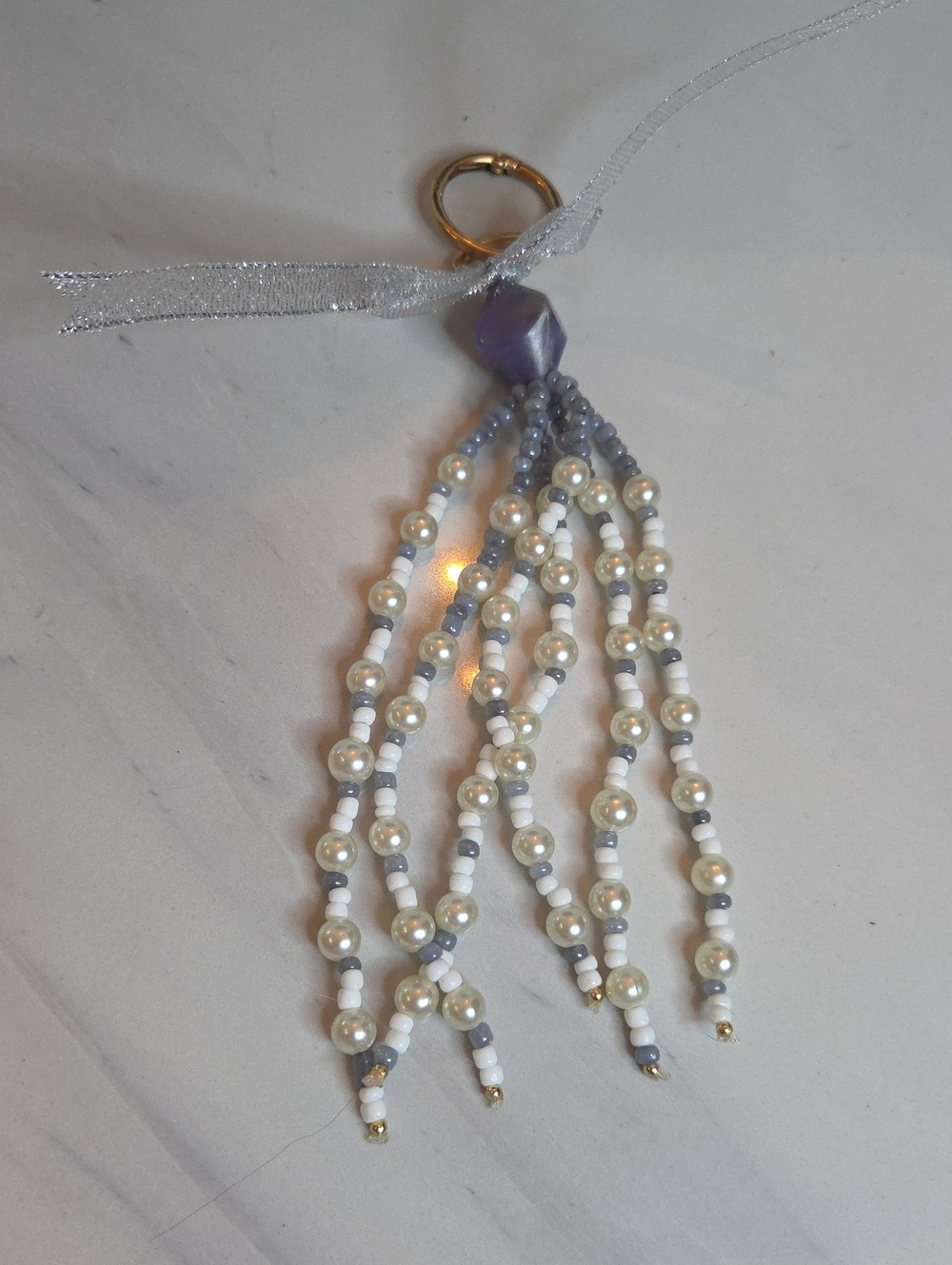 Beaded Pearl Tassel Bag Charm- White & Grey